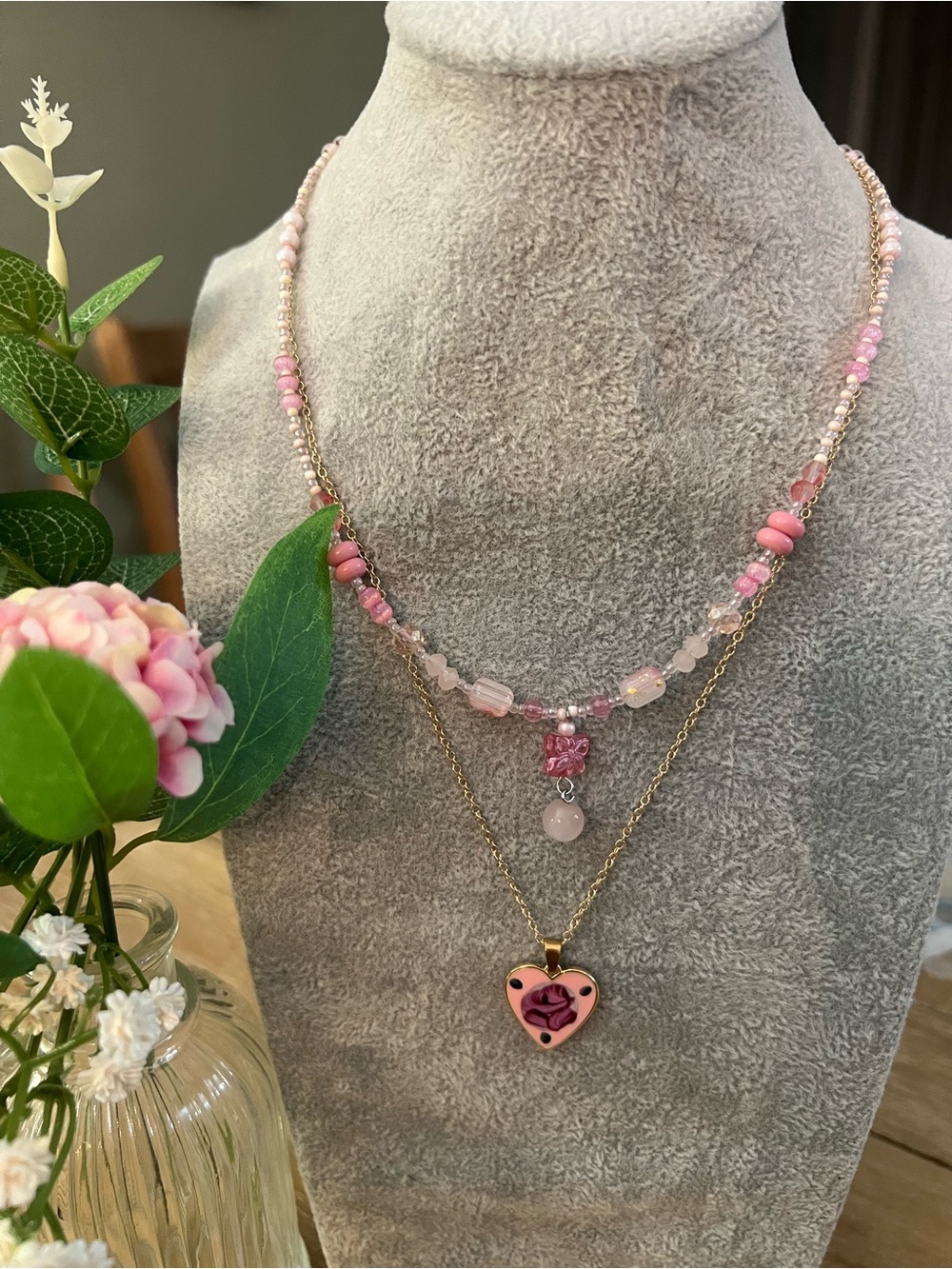 Delicate Pink Beaded Layered Necklace - Heart Pendant